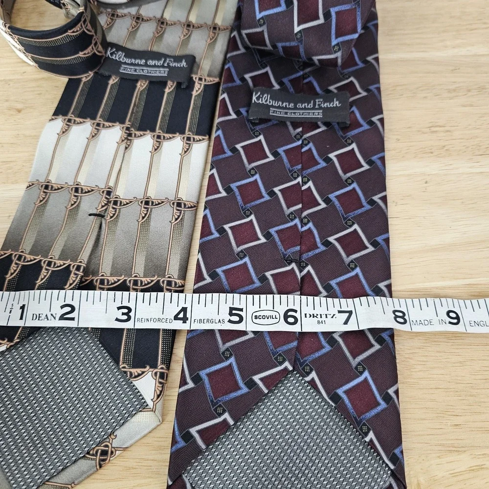 Kilburne‎ & Finch Mens Necktie Tie Lot 2 Gold Black Burgundy Blue Geometric Silk